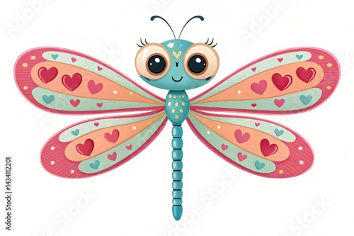 Adorable Cartoon Dragonfly with Pink and Teal Wings Hearts Design Cute Insect Illustration