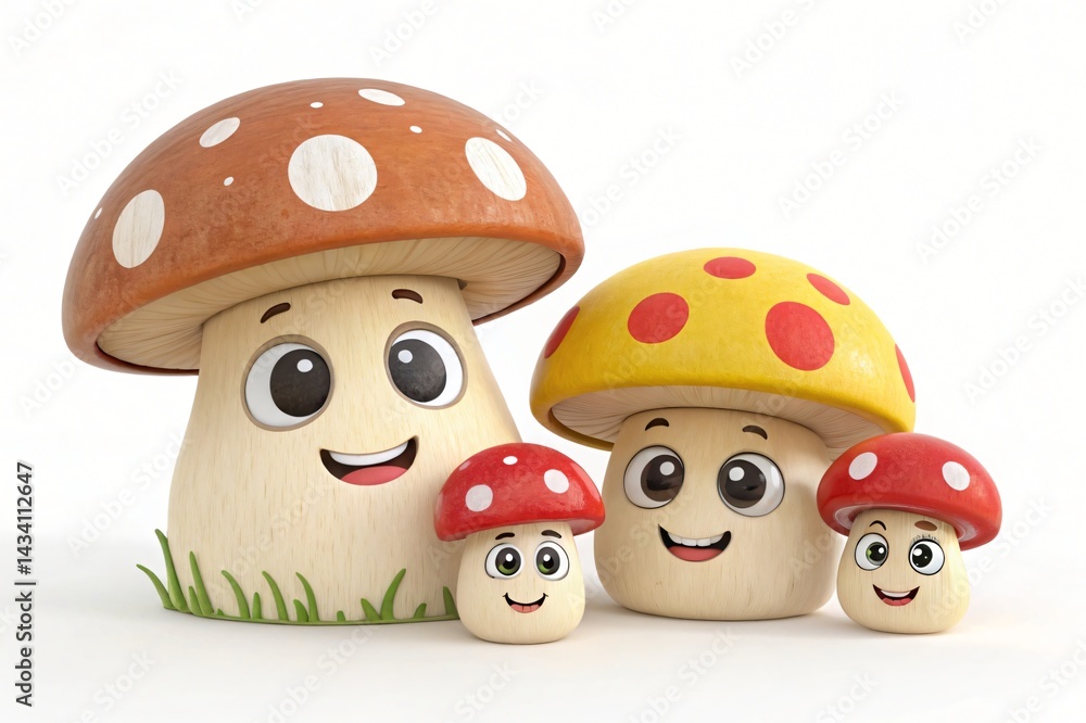 Obraz premium Happy Cartoon Mushroom Family Cute 3D Render of Fungi Characters