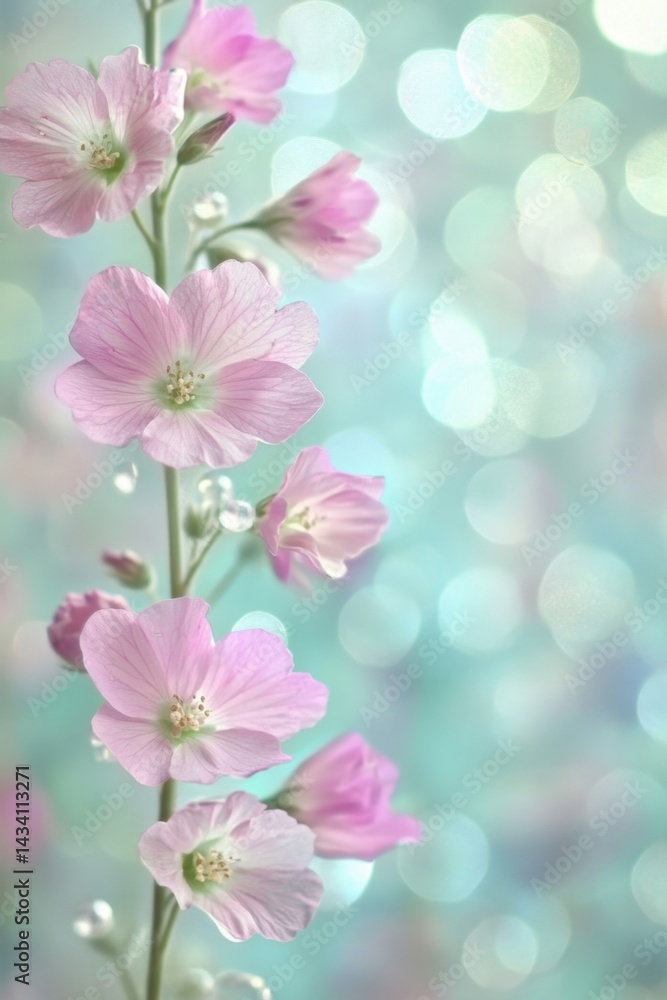 Obraz premium Delicate pink flowers bloom against a soft bokeh background creating a serene and dreamy atmosphere capturing the essence of spring with a gentle touch of elegance and beauty
