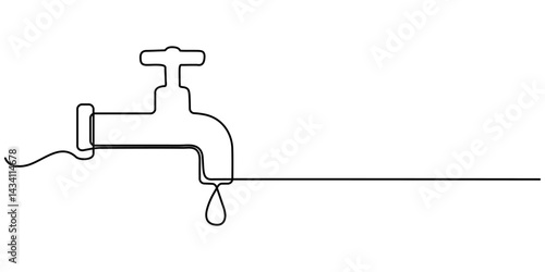 Continuous single line drawing of faucet water tap vector illustration, Water tap with flowing water in one line art style. Minimalist illustration for plumbing, water conservation. 