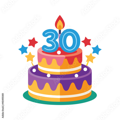 Colorful birthday cake with number 30 candles vector illustration isolated on white background