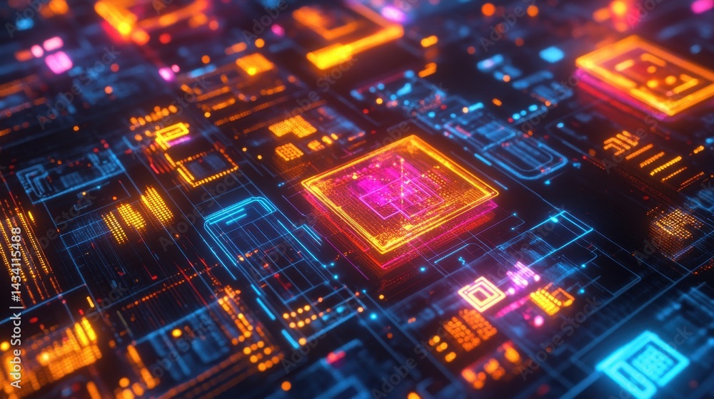 Obraz premium Abstract technology background with glowing circuit board elements. Concept for digital technology, data processing, and artificial intelligence.