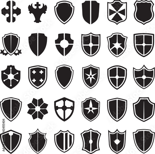 A set of black shield silhouettes arranged in a clean, evenly spaced grid on a white background.