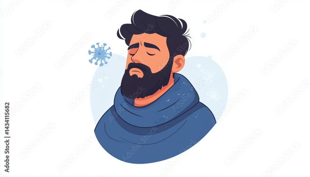Sick Hispanic Man With A Virus And Cold, Coughing And Seeking Treatment On A Blue Background In Healthcare Setting Sick Hispanic Man With A Virus And Cold, Coughing And Seeking Treatment On A Blue Background In Healthcare Setting