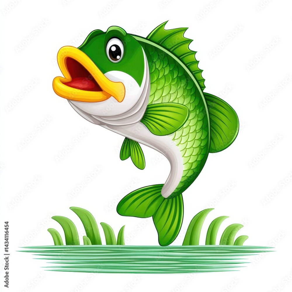 Fototapeta premium Playful Green Cartoon Fish Leaping from Water