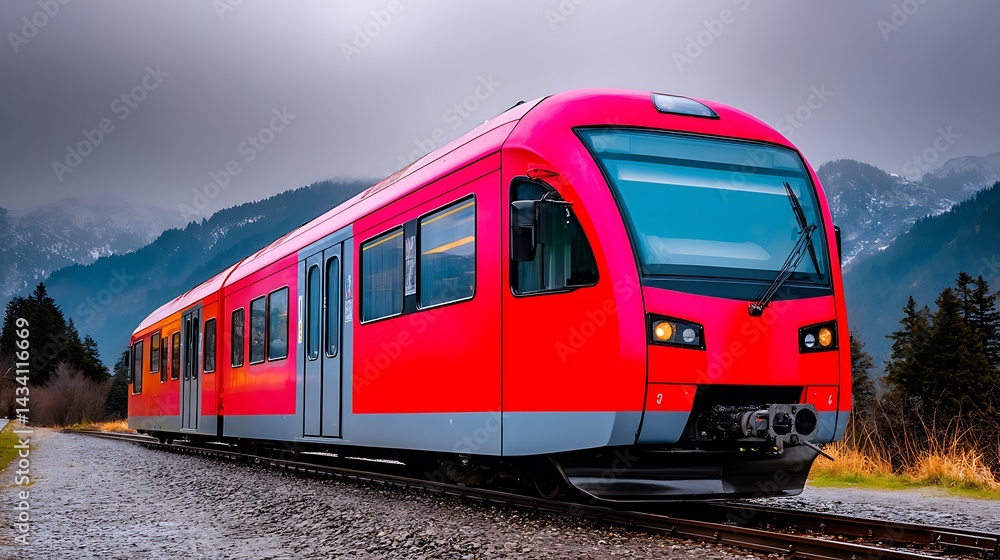 Naklejka premium A red passenger train is parked on a railway track against a backdrop of mountains and trees