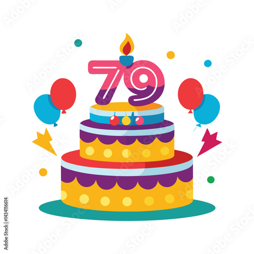 Colorful birthday cake with number 79 candles vector illustration isolated on white background