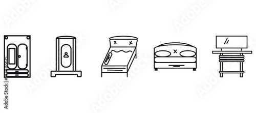 Simple line art illustrations of common household furniture and fixtures