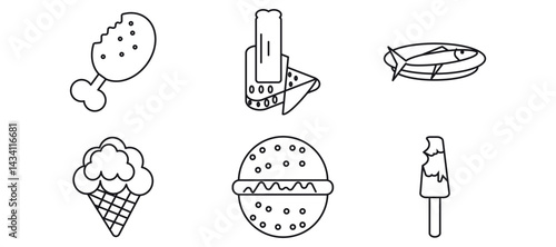 Collection of vector icons representing various food options, including fast food and a prepared fish
