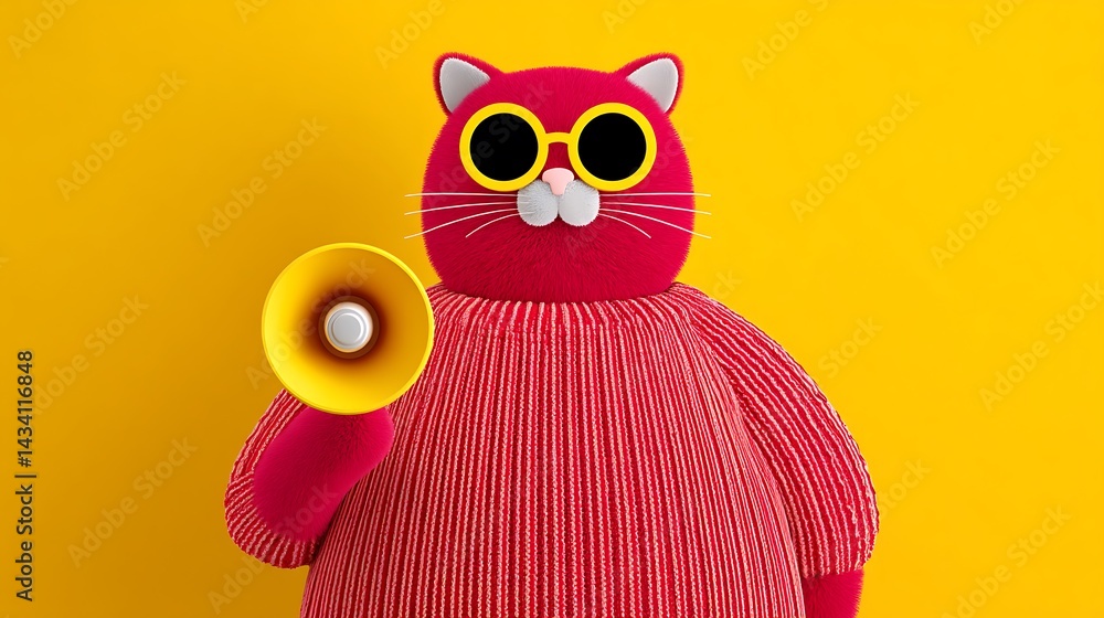 Fototapeta premium A cute, pink cat in a striped sweater and sunglasses holds a yellow megaphone against a bright yellow background