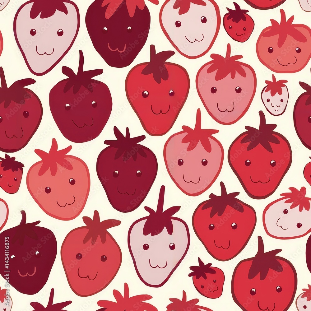 Fototapeta premium Delightful patterns of colorful strawberries with joyful faces create a whimsical backdrop for a cheerful atmosphere