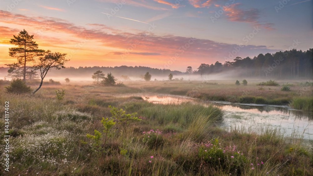 Obraz premium Sunlit Wetland Landscape with Low Vegetation at Sunrise