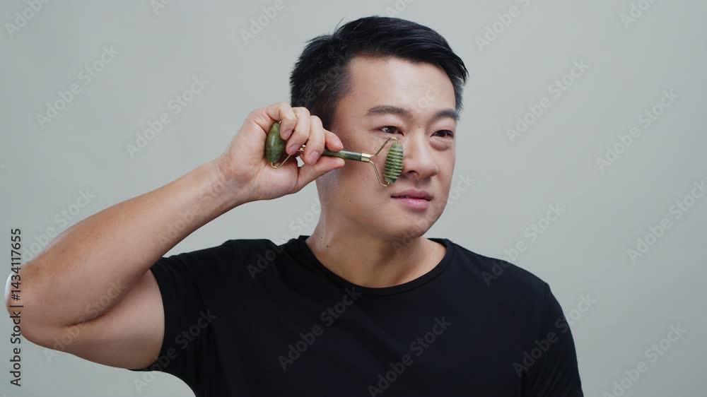 Asian attractive man doing morning facial routine massaging face with green jade roller isolated in background. Skin care treatment. Asian attractive man doing morning facial routine massaging face with green jade roller isolated in background. Skin care treatment.