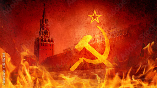 Collage, not AI. The devil's eye looks out from the darkness. Flame, fire on the background black walls and smoke. Wide background on the theme of horror, hell, Halloween, etc.