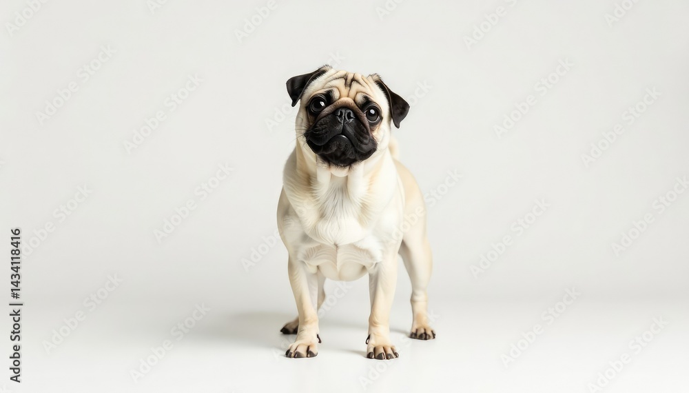Obraz premium A lone pug, isolated against a pure white backdrop, canine, background, pet portrait