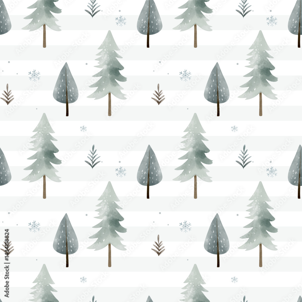 Obraz premium Wintertime backgrounds in pastel colors. Winter seamless pattern with snowy trees. Christmas pattern. Cute watercolor trees.