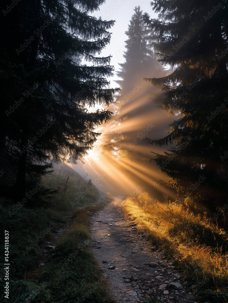 Fototapeta premium Foggy forest path with golden sunrise breaking through trees, volumetric light rays, mystic and peaceful mood