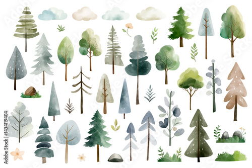 Set of watercolor forest trees, plants and clouds. Watercolor woodland. Snowy trees. Fairy nordic nature.