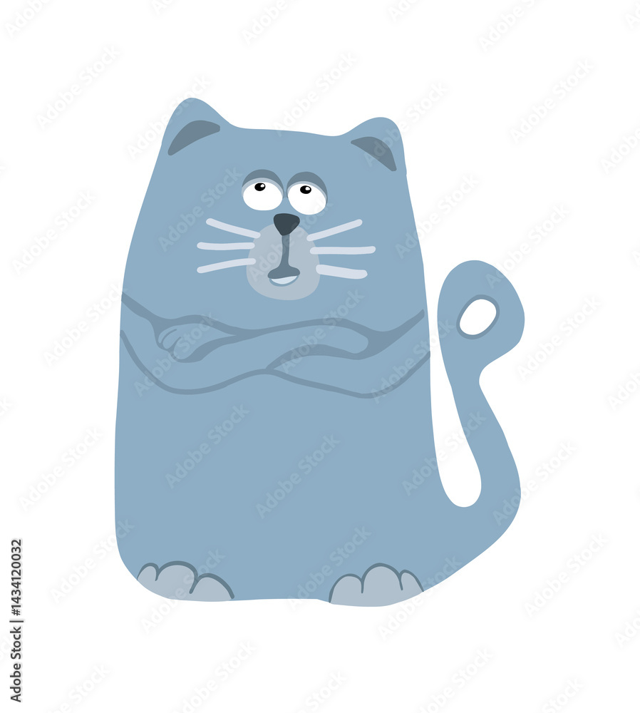 Fototapeta premium cartoon kitty, funny, thought, sticker, various pastel colors, fridge magnet white background, thoughtful cat, animal, illustration, blue cat