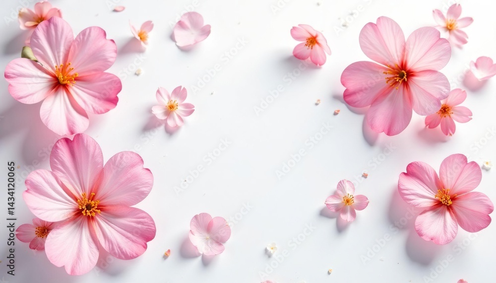 Delicate, scattered blossoms on white background, fabric, pattern Delicate, scattered blossoms on white background, fabric, pattern
