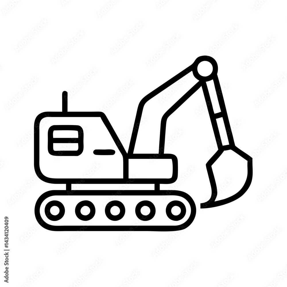 Naklejka premium excavator line drawn vehicles. vector art - outline icon excavator, isolated transparent background