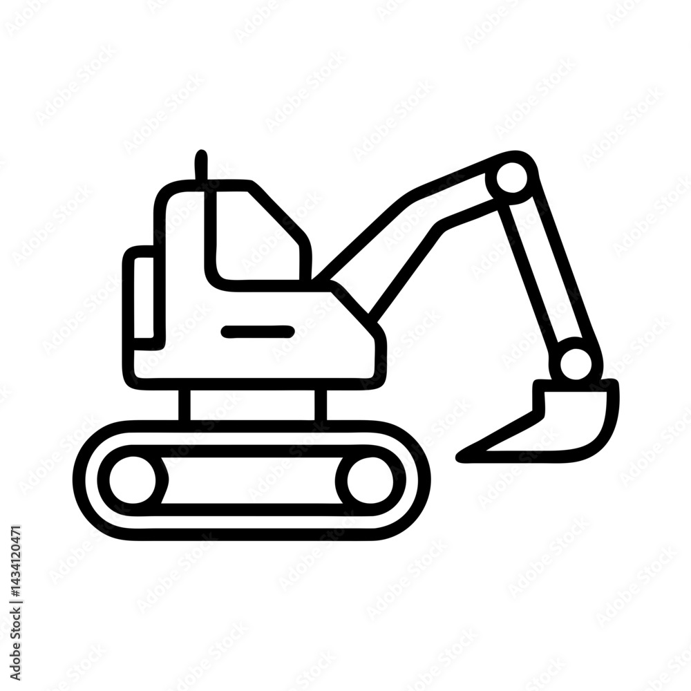 Naklejka premium excavator line drawn vehicles. vector art - outline icon excavator, isolated transparent background