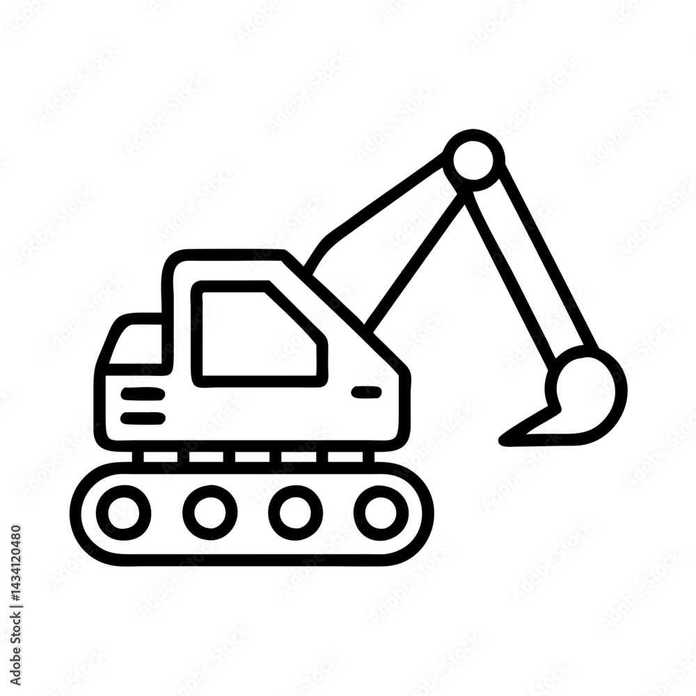 Naklejka premium excavator line drawn vehicles. vector art - outline icon excavator, isolated transparent background