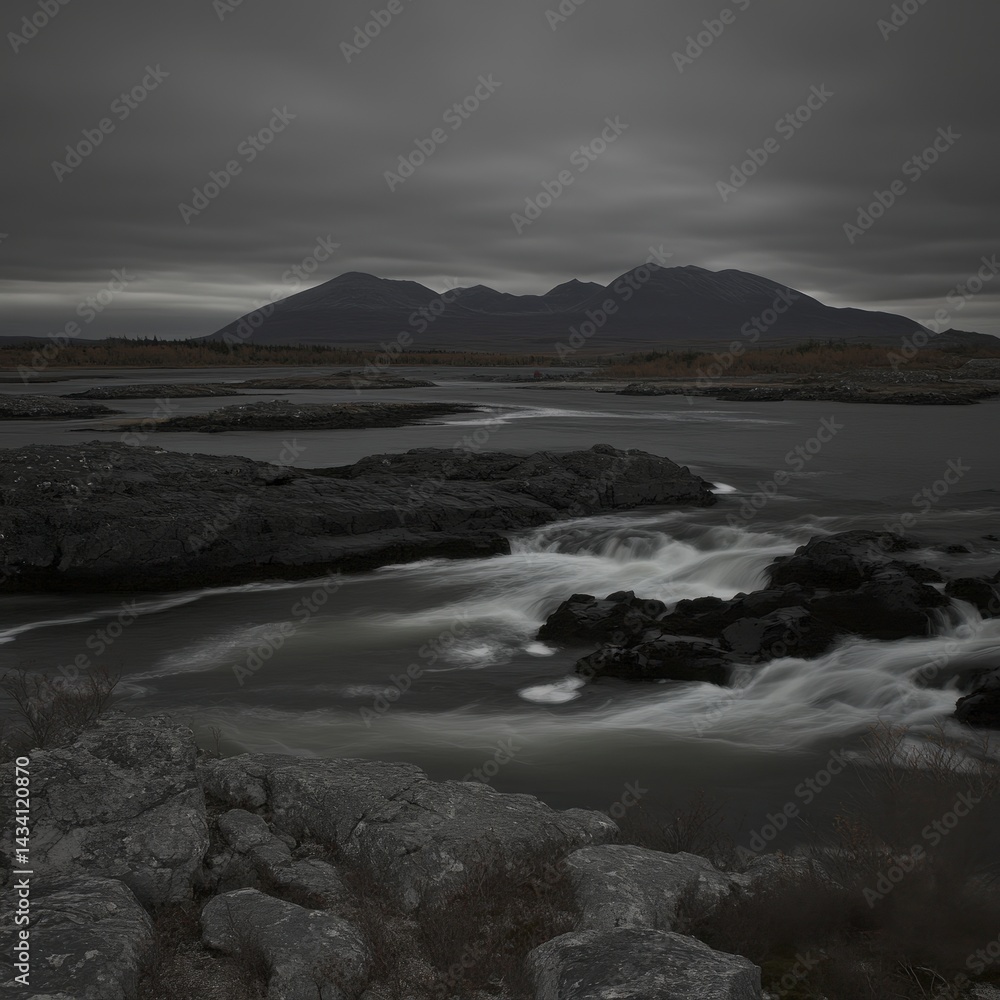 Fototapeta premium Moody Grayscale River Landscape with Distant Mountains under a Cloudy Sky