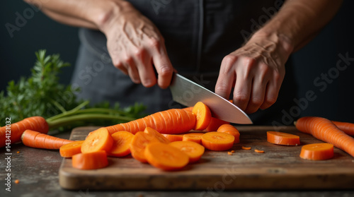 Close-up of male hands cutting fresh carrots with a knife