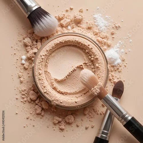 Fototapeta Various makeup brushes and a container of powder displayed on a soft beige background, highlighting cosmetic essentials.
