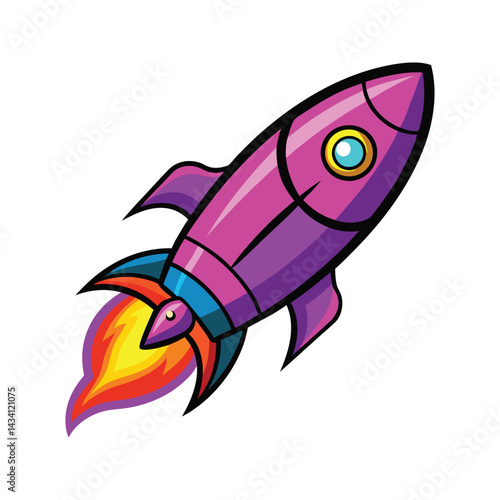 Colorful rocket ship with fiery propulsion vector illustration isolated on white background