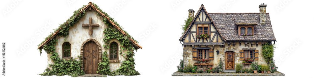 Obraz premium Collection of two charming ivy-covered fairy tale cottages, isolated on a transparent background.