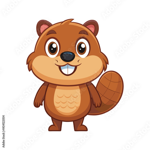 Cute cartoon beaver with big eyes and a happy smile Vector illustration isolated on white background