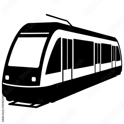 Modern light rail vehicle in bold silhouette with white background