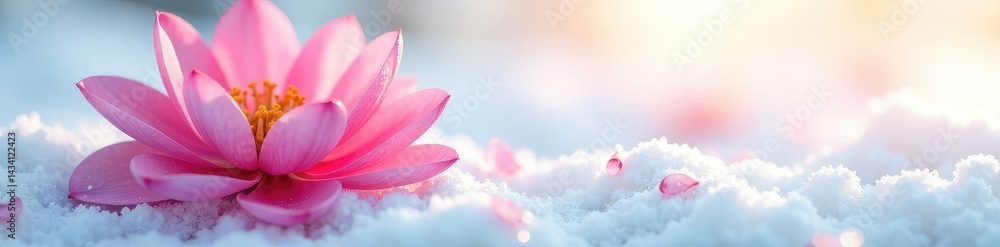 Delicate flower petals unfold on a snowy white background, isolated, snow Delicate flower petals unfold on a snowy white background, isolated, snow