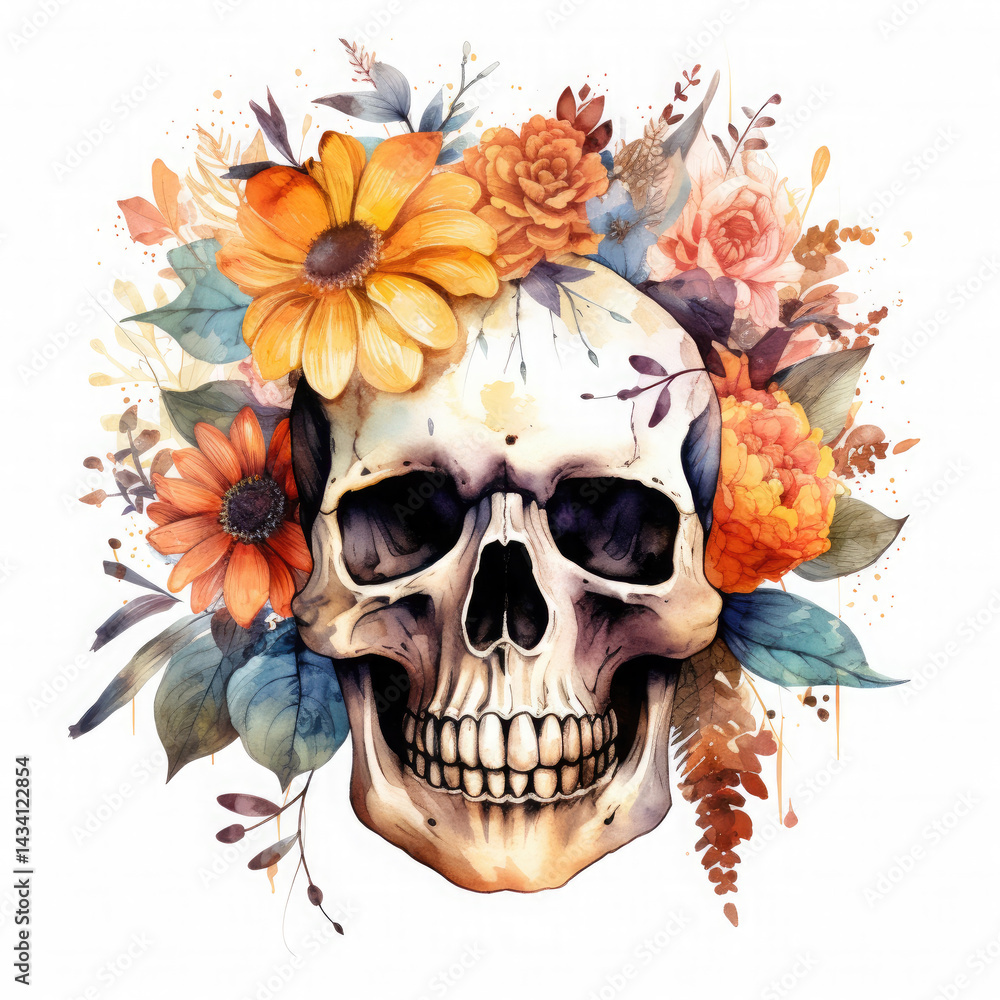 Fototapeta premium Watercolor Skeleton's Head Among Flowers, clipart Illustration, Generative Ai