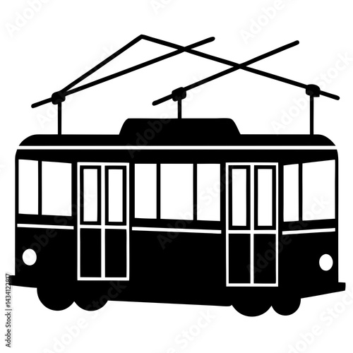 Electric trolleybus silhouette icon featuring black solid shape with overhead poles