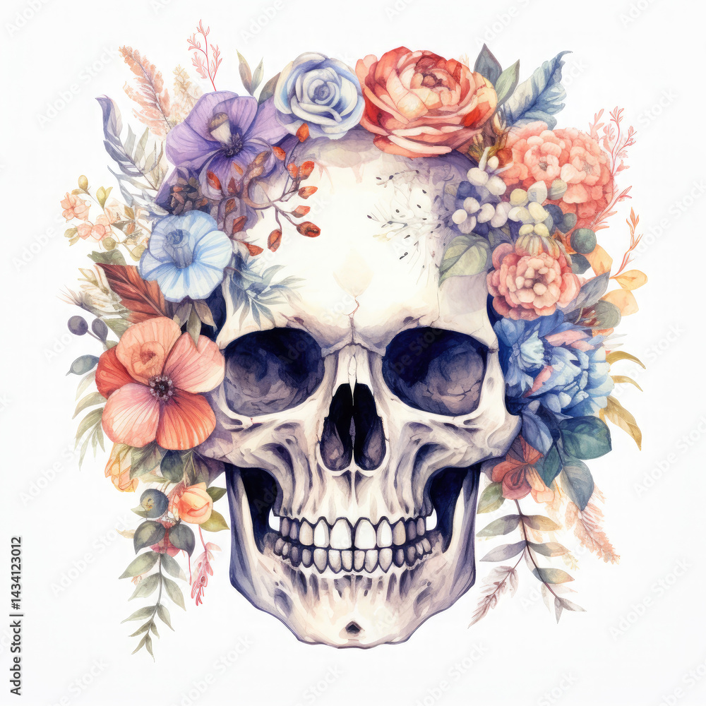 Fototapeta premium Watercolor Skeleton's Head Among Flowers, clipart Illustration, Generative Ai