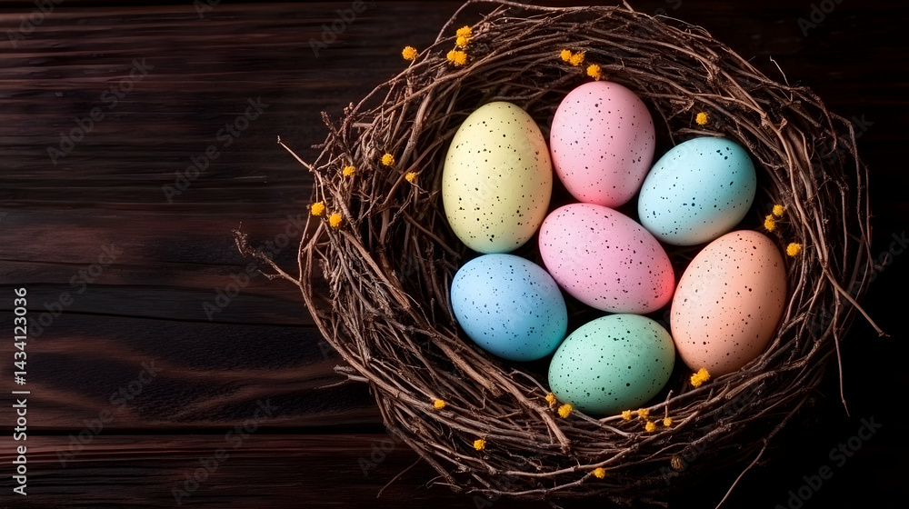 Fototapeta premium Above view of colorful Easter eggs in twig nest; small tree branches with small yellow blooms; flat lay on dark wooden table banner;