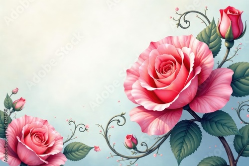 Delicate watercolor rose blooms, swirling vines , rose, art, romantic
