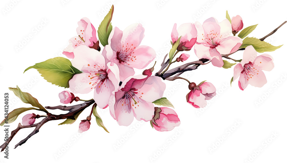Obraz premium Watercolor painting of pink blossoms on a branch against a transparent background in a floral style png