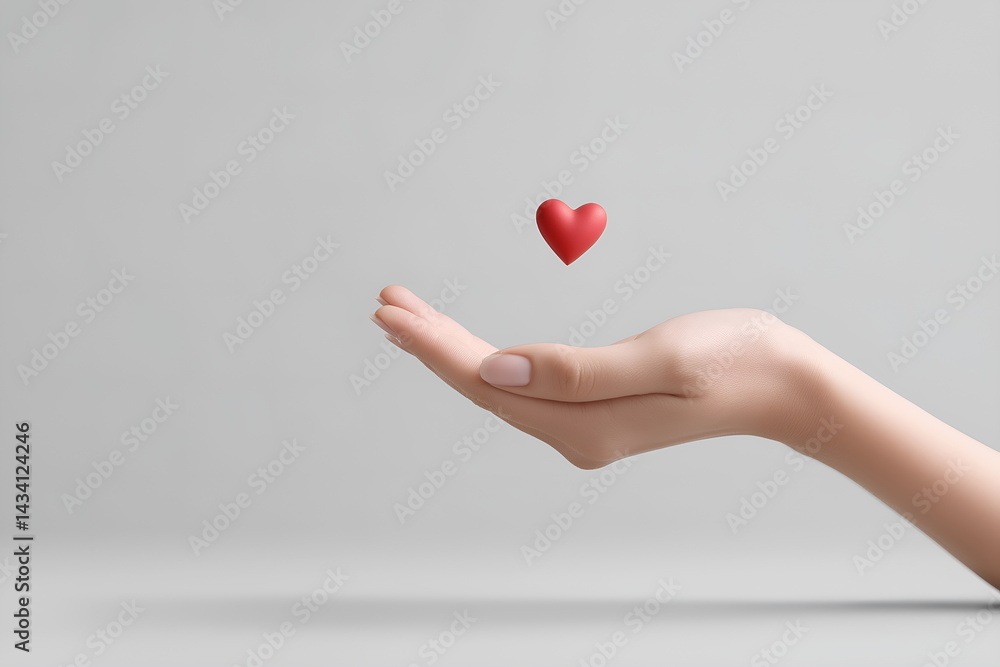 Fototapeta premium Hand holding heart symbol on a minimalistic background, banner with copy space