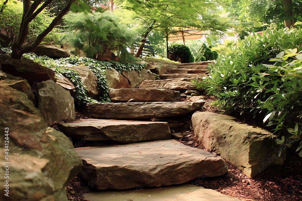 Fototapeta premium Stunning stone steps in garden pathway backdrop 
