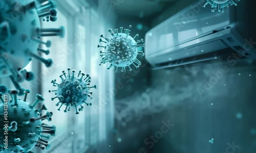 Viral particles flowing through air conditioning ducts with indoor air movement