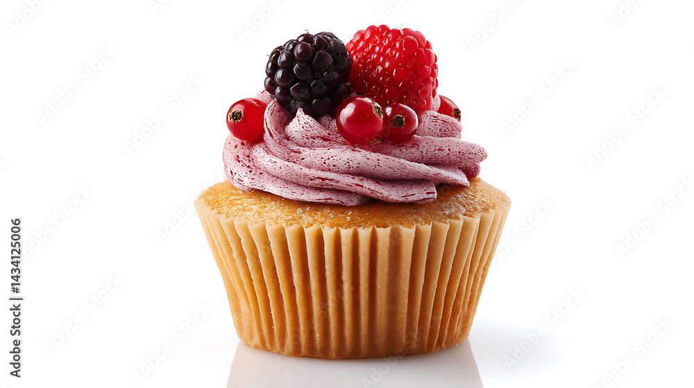 Delicious cupcake with pink frosting and fresh berries on top Delicious cupcake with pink frosting and fresh berries on top