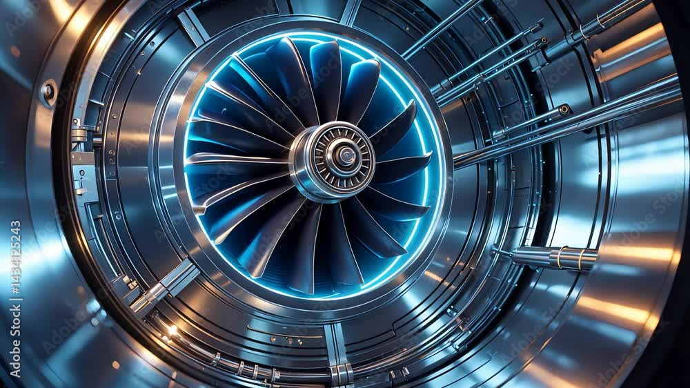 Close-up of Turbine Engine with Blue Glow – High-tech Industrial Machinery, Jet Engine, Aerospace Technology
Close-up of Turbine Engine with Blue Glow – High-tech Industrial Machinery, Jet Engine, Aerospace Technology