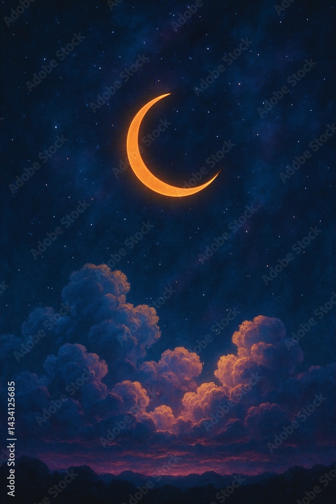 Fototapeta premium Glowing orange crescent moon with illuminated purple clouds