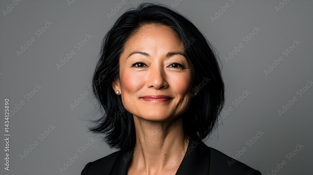 Fototapeta premium Portrait of a Confident Mature Asian Woman with Black Hair and Serious Expression Against a Grey Background