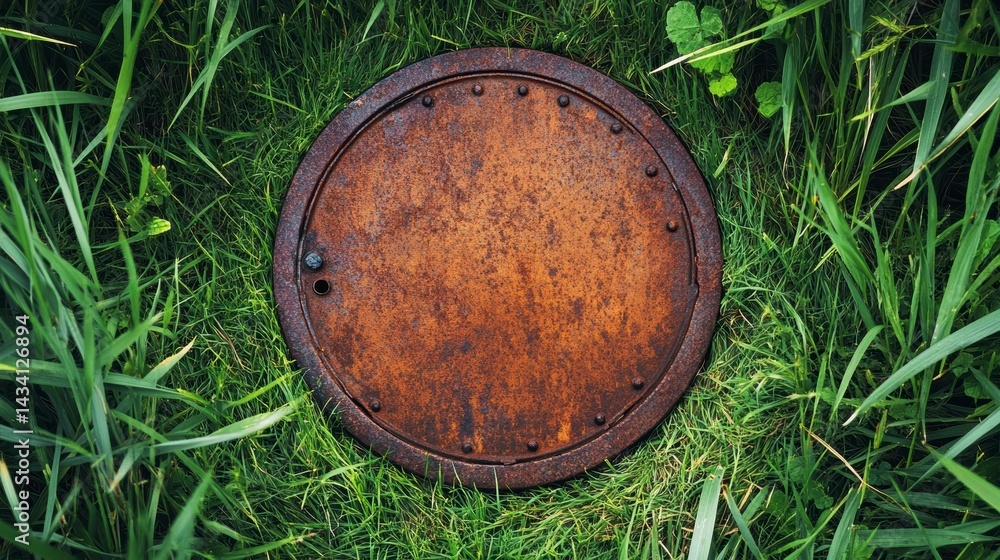 Rusty round metal cover in green grass. Rusty round metal cover in green grass.