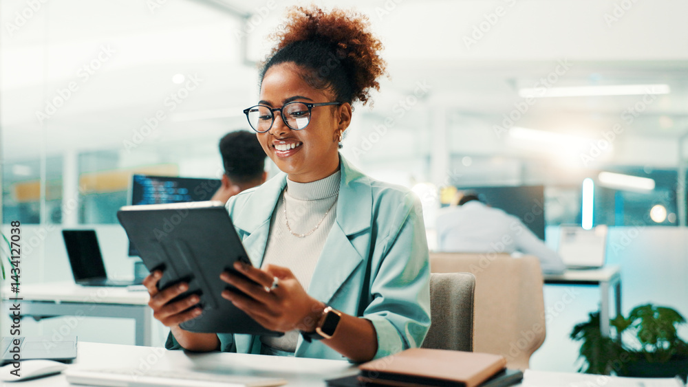 Tablet, research and businesswoman in office with web development, coding or design tools. Digital technology, reading and female programmer checking UX platform with feedback report in workplace.